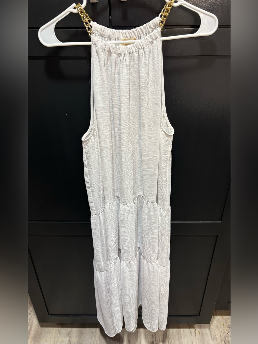Michael Kors White Tiered Halter Maxi Chemise with Gold Chain Straps